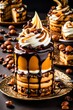 Dessert, création artistique au chocolat, caramel et glace 