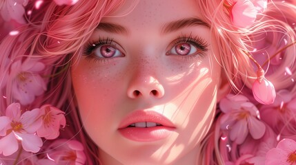 Wall Mural - Portrait of a girl with pink hair, pink eyes, pink and white, sakura leafs, vivid colors, wavy hair