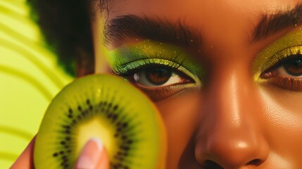 Wall Mural - a woman's eyes enhanced with vibrant green eyeshadow, holding a slice of kiwi near her face