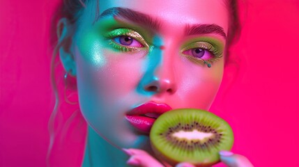 Canvas Print - Woman's face highlighted with vibrant green makeup, eating a slice of kiwi