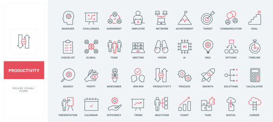 Wall Mural - Business productivity line icons set. Office meeting presentation in team, profit and career of effective employee, multitask efficiency skills thin black and red outline symbols, vector illustration