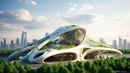 Wall Mural - Futuristic sustainable complex office building for green economy and sustainability comeliness