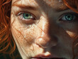 visage d'une femme rousse aux yeux clairs - IA Generative