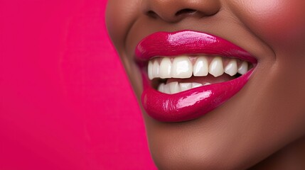 Wall Mural - African American attractive woman's cyan gloss lips and white teeth smiling