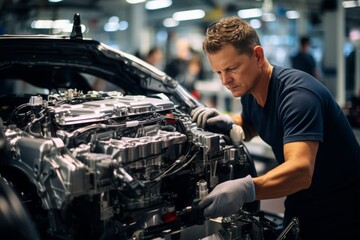 Wall Mural - Automotive engineer utilizing advanced technology at futuristic car assembly line