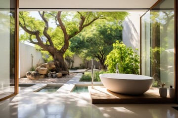 Luxurious modern bathroom with new fixtures, elegant tiles, and expansive floor-to-ceiling windows