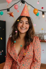 A festive woman donning a party hat and a warm smile stands in front of a colorful wall adorned with christmas decorations, showcasing her stylish fashion accessory