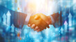 A business handshake with rising arrows and graphs to symbolize business growth, success, and agreement
