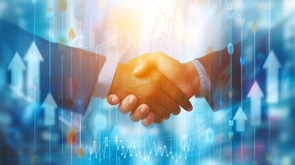 A business handshake with rising arrows and graphs to symbolize business growth, success, and agreement