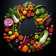 Poster - Fresh vegetables arranged in a circle on a black background. Generative AI.