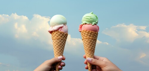 Poster - Two hands holding two ice cream cones with different colors. Generative AI.