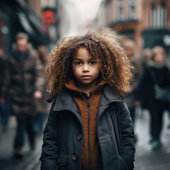 Canvas Print - A young girl with curly hair standing in the middle of a city. Generative AI.