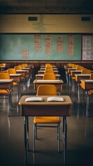 Canvas Print - Empty classroom with yellow chairs and blackboard. Generative AI.