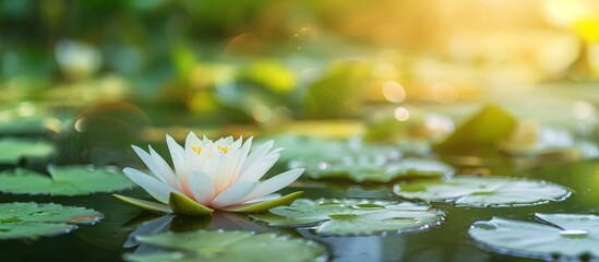 Wall Mural - Summer background with a blooming water lily and green leaves in an old pond.