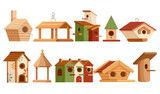 Fototapeta Dinusie - Set of wooden birdhouse with roof and hole vector illustration isolated on white background