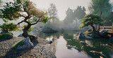 Fototapeta Londyn - Zen Japanese Garden: a peaceful scene depicting a traditional Japanese garden with a koi pond, meticulously raked gravel, and bonsai trees sculpted into elegant shapes.