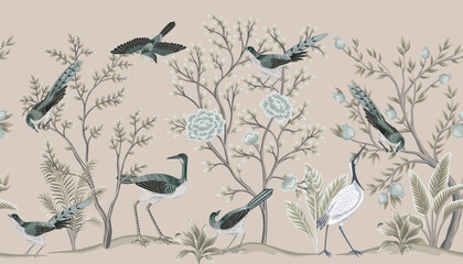 Wall Mural - Vintage botanical garden tree, crane, Chinese birds, plant floral seamless border. Exotic chinoiserie mural.	