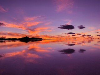 Poster - Sunset sky clouds above lake water. 