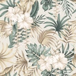 Tropical white hibiscus flower, green palm leaves seamless pattern. Exotic jungle wallpaper.	