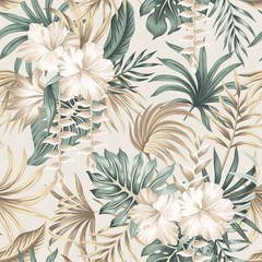 Sticker - Tropical white hibiscus flower, green palm leaves seamless pattern. Exotic jungle wallpaper.	