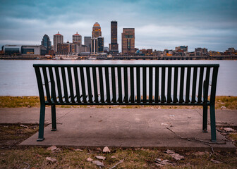 Wall Mural - Louisville Kentucky skyline with Ohio River and bench