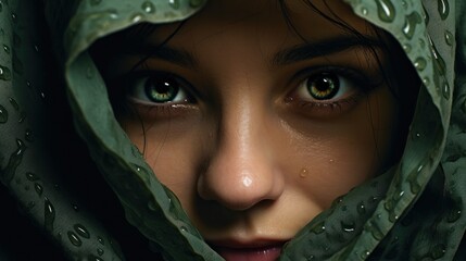 Wall Mural - A woman with green eyes peeking out from under a hood, AI