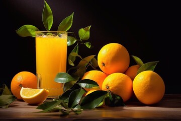 Sticker - Glass of fresh orange juice and oranges on wooden table over black background