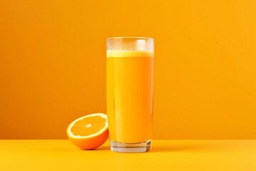 Poster - Glass of fresh orange juice on orange background. Healthy drink concept.