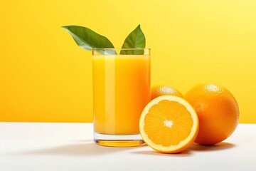 Poster - Glass of fresh orange juice on table and orange fruit on yellow background