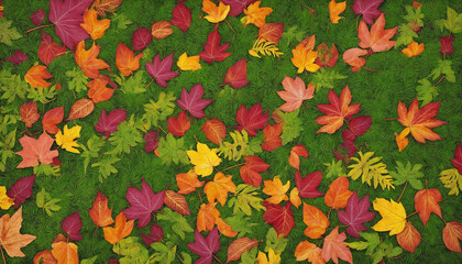 Wall Mural - Vibrant autumn leaves decorate the green forest in multi colored beauty 