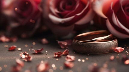 Canvas Print - Two wedding rings are sitting next to a bunch of roses, AI