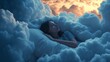 © Vladimir - Young female sleeping on a pillow made of soft clouds. Air dreams. Soft heavenly bed