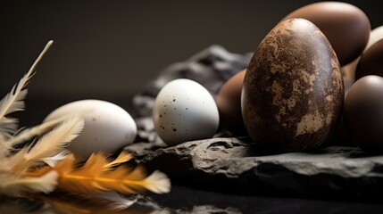 Wall Mural - A group of eggs and feathers on a rock surface, AI