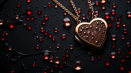 Sticker - A heart shaped pendant with red drops on a black background, AI