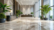 Light brown interior of modern office hall with clean marble floor and green plants, inside luxury shiny lobby of commercial building. Concept of hallway, service, company, business.