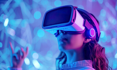 Metaverse digital cyber world technology, man with virtual reality VR goggle playing AR augmented reality game and entertainment, NFT game futuristic lifestyle