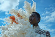 © ADDICTIVE STOCK - Elaborate feather headdress portrait against the sky Generative AI image