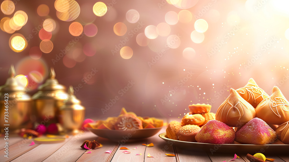 Deepa with sweets decoration for Diwali on bokeh light background - AI ...