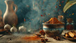 close up spices in bowl on smokey kitchen background with copy space - AI Generated