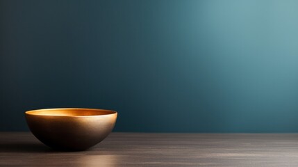 Poster - A small gold bowl sitting on a wooden table against blue wall, AI