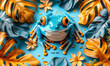 Whimsical and vibrant 'Leap Day' themed illustration featuring a blue frog surrounded by golden tropical leaves on a teal background