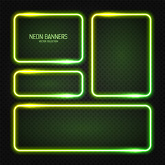 Wall Mural - Glowing neon banners, illuminated colorful square frames. Shiny vibrant border, glow effect. Green vintage retro lights, night illumination. Modern futuristic UI design elements. Vector illustration