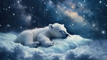 Little Polar Bear Sleeping On A White Cloud Against The Background Of The Starry Sky, Children's Sleep, Fairy-tale Magical Dreams