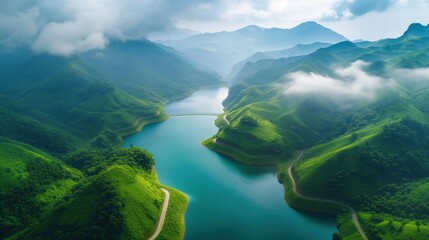 Wall Mural - Eco-power generation: A bird's-eye view of a hydroelectric dam within a verdant valley