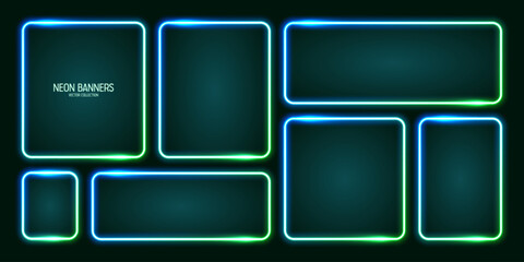 Wall Mural - glowing neon banners, illuminated colorful square frames. shiny vibrant border, glow effect. azure v