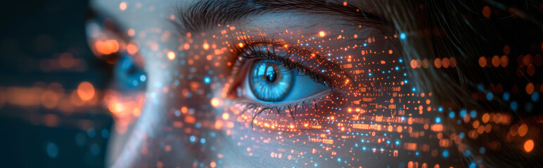 Cyber security concept. Close up of female eye with digital binary code. Cyber security and data protection concept.