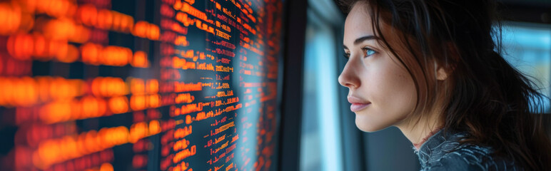 Young woman looking at computer screen. Panoramic banner with copy space. Cyber security and data protection concept.