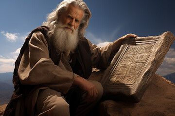 Moses and the 10 ten commandments, bible religion christianity moral two Mount Sinai inscribed by the finger of God on two tablets of stone, spiritual story pray believe.