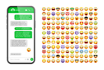 Wall Mural - Smartphone messaging app, user interface design with emoji. SMS text frame. Chat screen with green message bubbles. Texting app for communication. Social media application. Vector illustration
