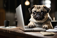 Front Close Up Portrait Of Adorable Pug Puppy With Eyeglasses Working On Laptop, Out Of Focus Background With Copy Space For Text